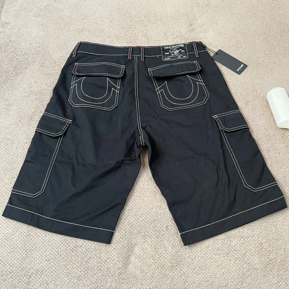 True Religion Mens Jet Black Cargo Shorts Vintage 2000s Style 108056R7 Size 32